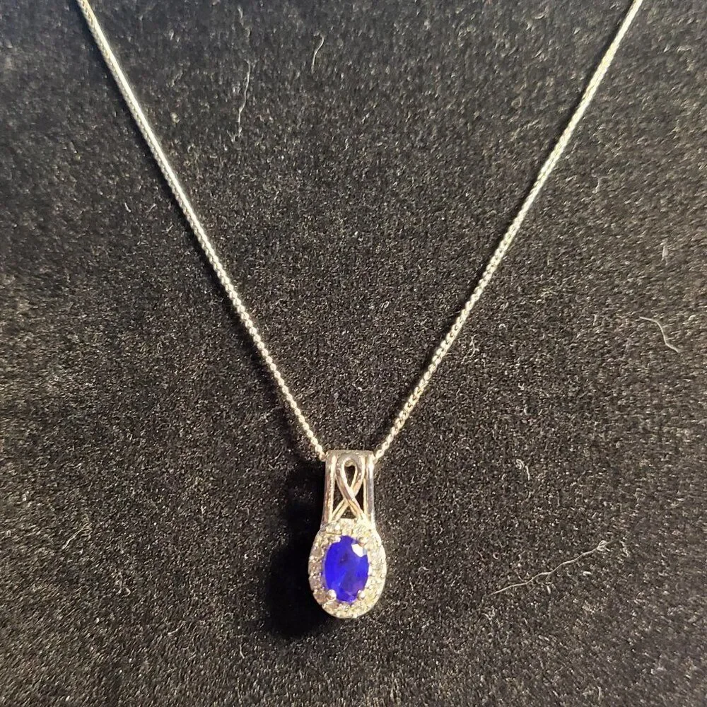Blue Sapphire and White Zircon Halo Sterling Silver Pendant Necklace